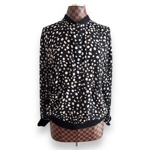 Calista Polka Dot Bomber Jacket Medium Black White Semi-Sheer Top Shirt Blouse